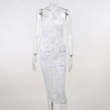 Jacquard hanging neck perspective split dress sexy cut-out temperament slimming buttock skirt