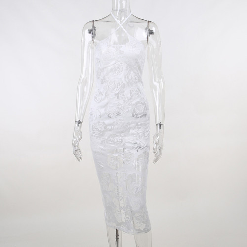 Jacquard hanging neck perspective split dress sexy cut-out temperament slimming buttock skirt