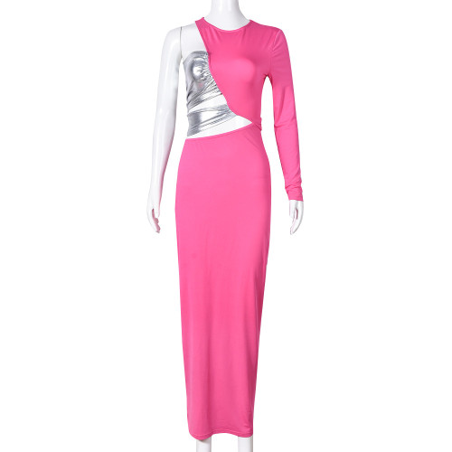 Contrast cut-out one-sided sleeve temperament sexy dress