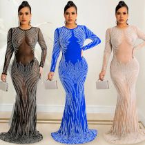 Sexy hot diamond gauze perspective long-sleeved dress
