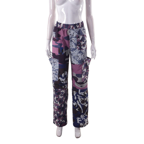 Camo print fashion pocket loose casual pants