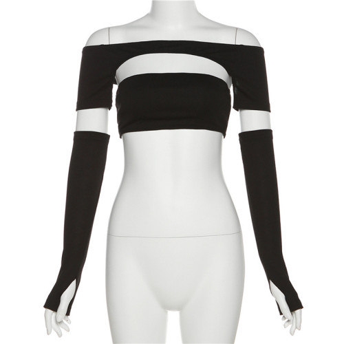 Women's sexy sleeve, one-line neck, hollowed-out chest wrap, open-waist T-shirt