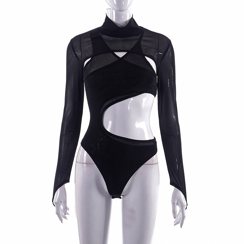 Fashion sexy mesh perspective tight long-sleeved bodysuit