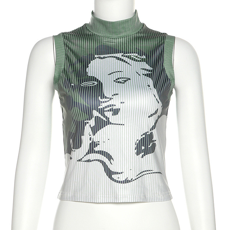 Women's fashion personality trendy stripe 3D printing sleeveless slim casual vest