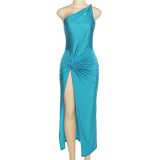 Women's solid color fashion temperament one-shoulder open back pleated split dress