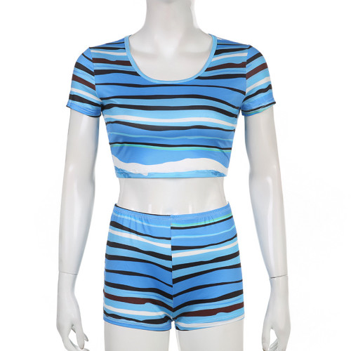 Women's striped tie-dye contrast printed round neck short-sleeved pullover T-shirt+two-piece high-waisted three-piece pants