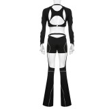 Irregular hollowed-out round neck, long sleeve, ultra-short, exposed navel pullover, high waist, slightly flared trousers, fashion suit