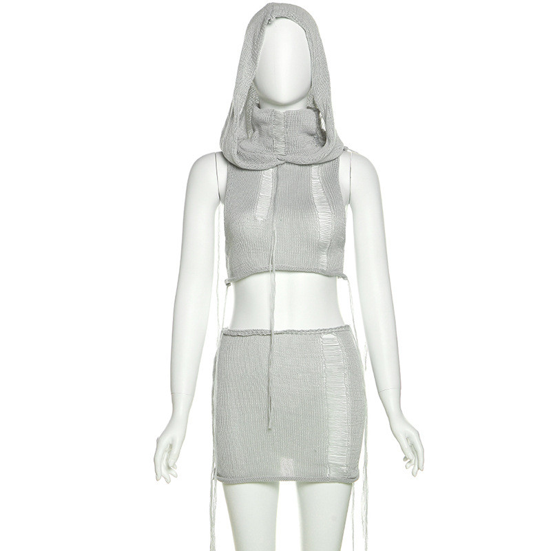 Sexy perspective hollowed-out sleeveless hooded top with high waist and buttocks fringed skirt suit