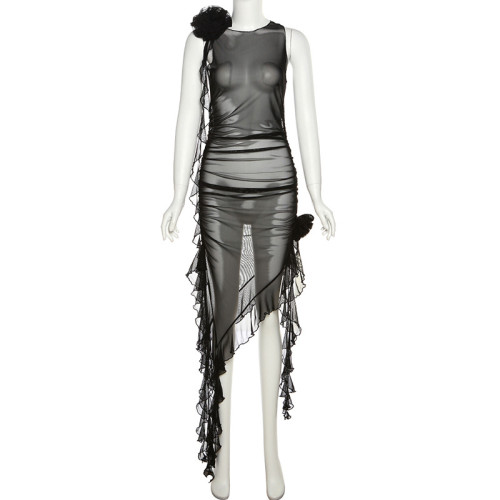 Women's see-through mesh sexy backless lace-up patchwork ear hem dress
