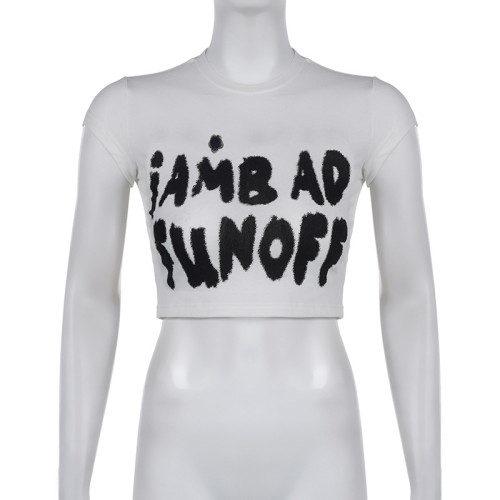 Women's letter printing short exposed navel casual simple fashion slim short sleeve top