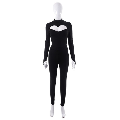 Solid color casual love hollow fit long-sleeved trousers suit