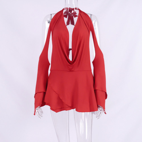 Sexy neck dress autumn and winter women's V-neck pleated flare sleeve backless mini dress