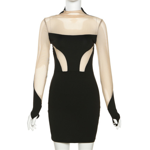 Women's sexy perspective mesh patchwork contrast buttock dress