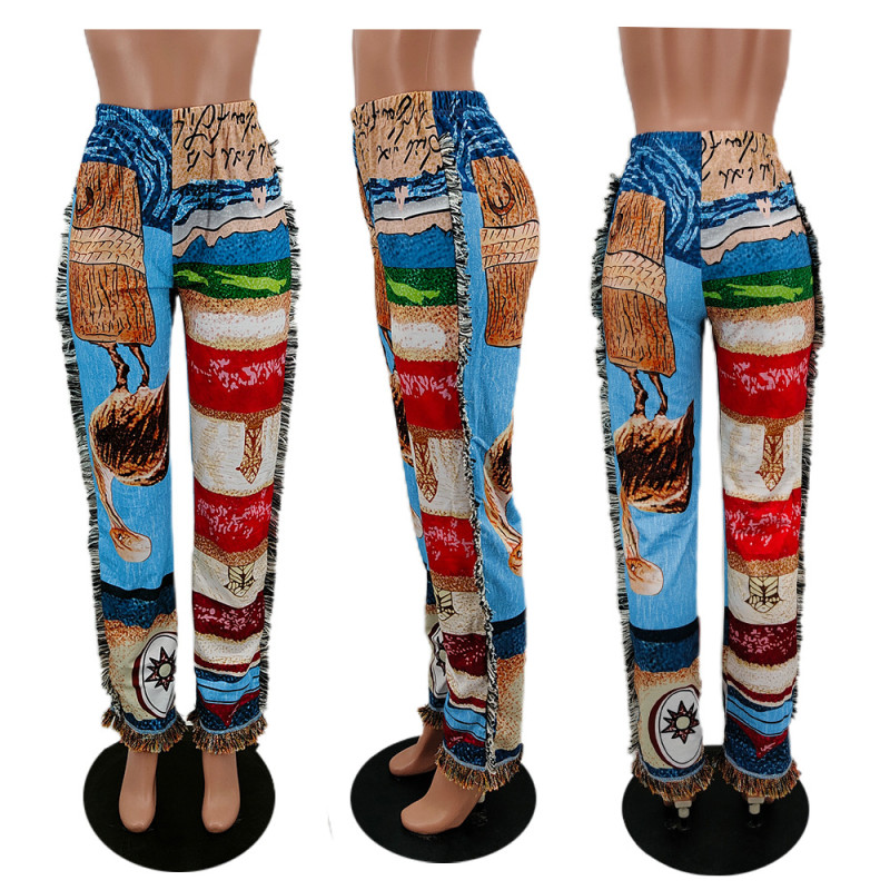 Women's fashionable loose color pattern fringed trousers