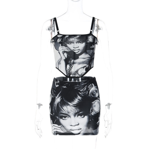 Women's fashion figure print suspender wrap chest sexy wrap hip skirt suit