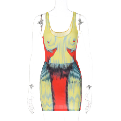 Fashion printed women's suspender one-piece bag hip skirt suit