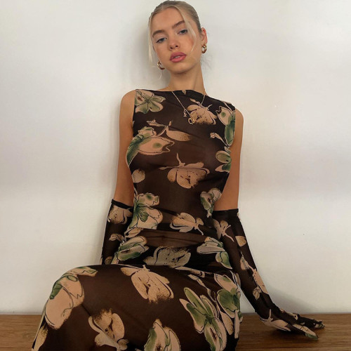 Sexy mesh cut-out fashion print dress