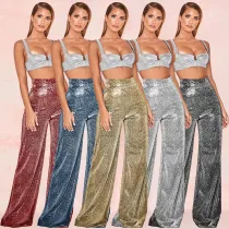 Women's ironing silver wide leg trousers high waist straight tube women's casual pants