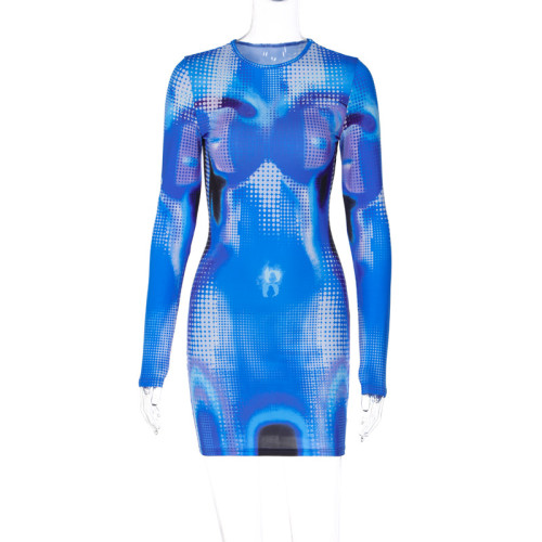 Fashion printing round neck long-sleeved body-fitting buttock dress