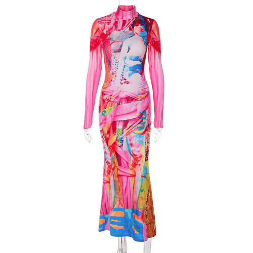 Fashion print high-elastic long-sleeved stand-up collar skirt, versatile dress for going out