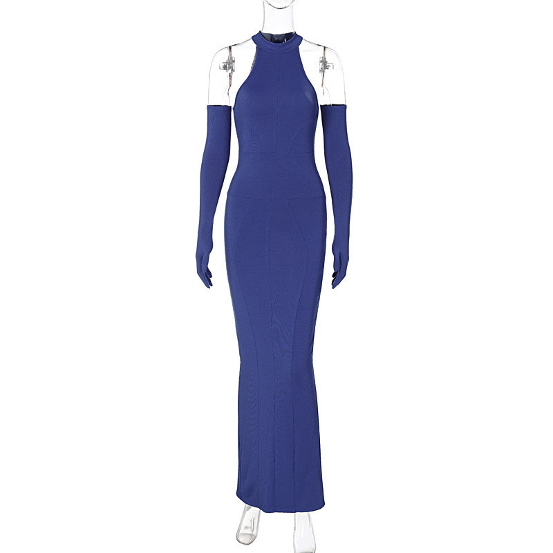 Women's temperament Solid color neck hanging slim medium length sleeve split dress