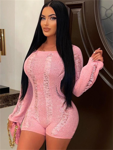 Fashion wool open-back long-sleeved slim sexy shorts jumpsuit