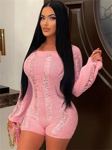 Fashion wool open-back long-sleeved slim sexy shorts jumpsuit