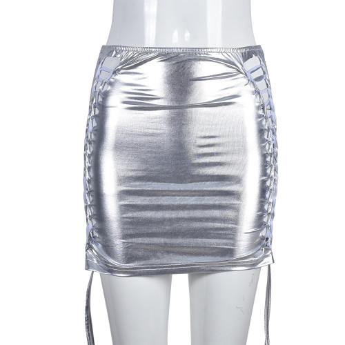 Fashionable bright leather fringes high elastic hollow binding skirt