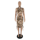Pocket camouflage short-sleeved long skirt suit, solid color printing, high-elastic street two-piece set