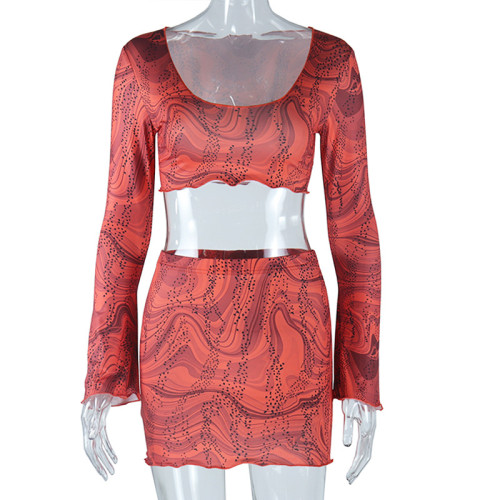 Fashion print sexy open navel round neck long sleeve top skirt suit