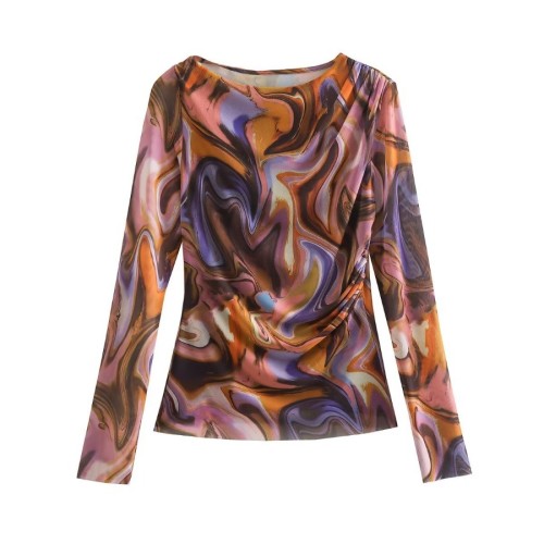 Women's round neck long-sleeved printed juan net fashion temperament long-sleeved fashion top