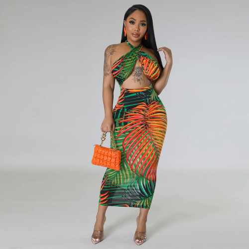 Sexy sleeveless strapless backless dress with split print dress