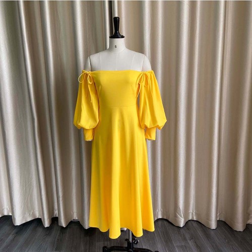 Solid color large skirt, off-the-shoulder waist, large size women's dress