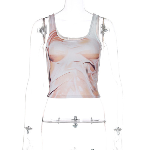 Printed short top sleeveless T-shirt street clothing retro vest
