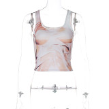 Printed short top sleeveless T-shirt street clothing retro vest