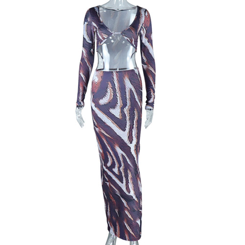 Printed sexy chest wrap top long-sleeved navel dress
