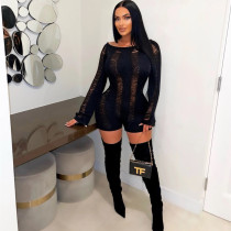 Fashion wool open-back long-sleeved slim sexy shorts jumpsuit