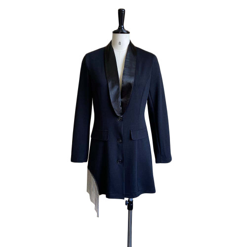 Solid V-neck fringe patchwork suit collar large dress