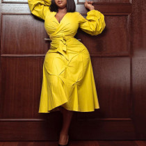 V-neck high-waist banded bubble sleeve oversized dress