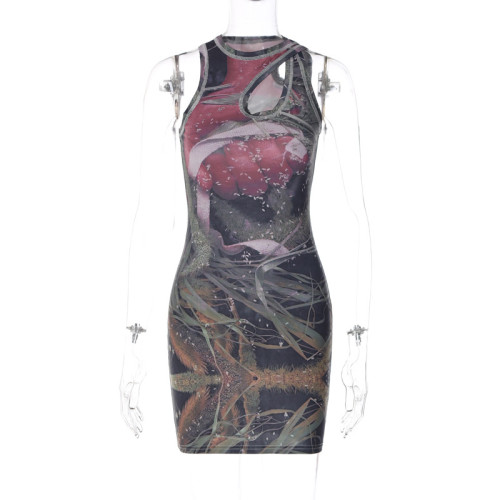 Personalized printed round neck sleeveless hollow buttock sexy street skirt
