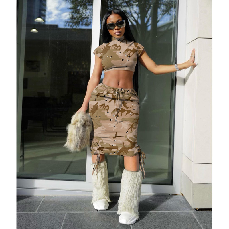 Pocket camouflage short-sleeved long skirt suit, solid color printing, high-elastic street two-piece set