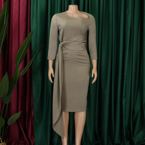 Pleated strapping solid color buttock wrap professional temperament large dress
