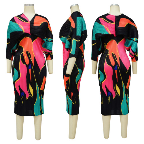 Women's V-neck bat sleeve pleated printed dress with front and back