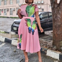 Printed top pleated large skirt skirt suit large two-piece set