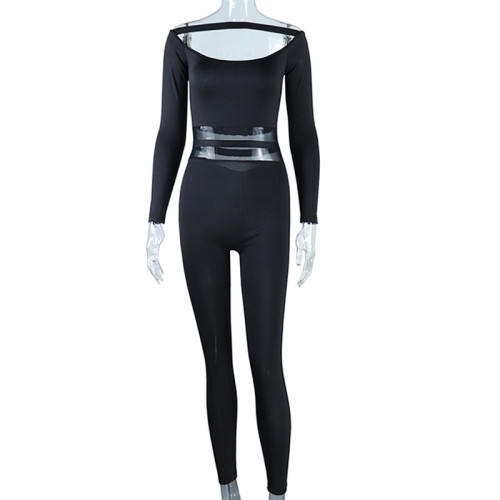 Solid color sexy open chest open shoulder mesh panel tight sports casual jumpsuit