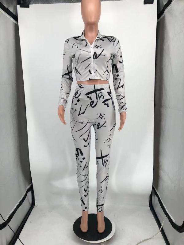 Round neck zipper fashion print casual suit