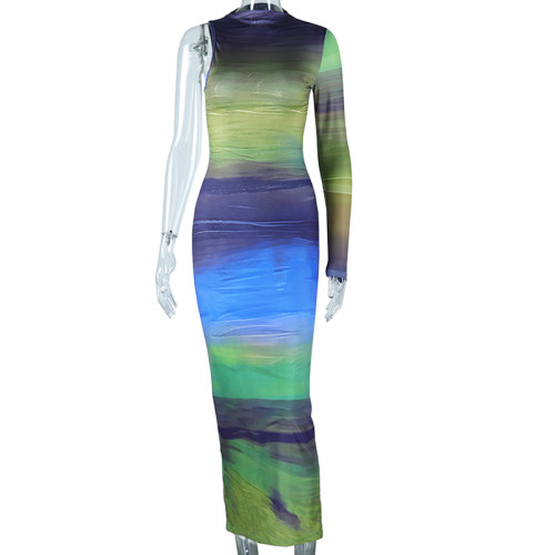Long sleeve printed medium length pencil skirt pullover skirt round neck tight dress