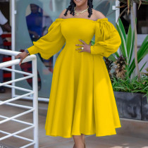 Solid color large skirt, off-the-shoulder waist, large size women's dress