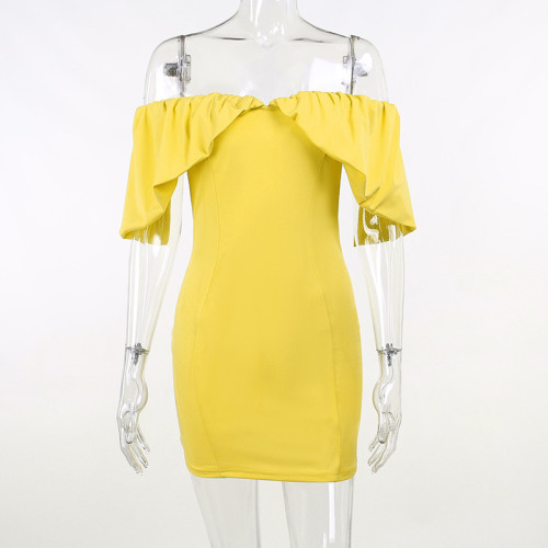 Temperament shrink pleated off shoulder slim wrap hip skirt design sense dress