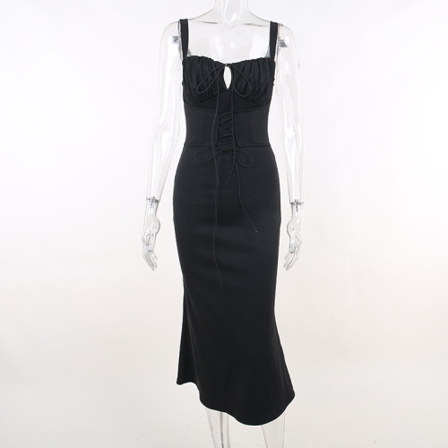 Vintage red waist strap temperament slim hot girl open back suspender dress